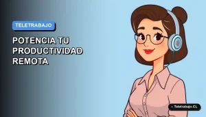 Ilustración plana corporativa de mujer chilena teletrabajando con fondo degradado azul, representando productividad remota.