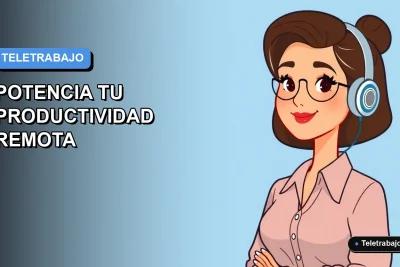 Ilustración plana corporativa de mujer chilena teletrabajando con fondo degradado azul, representando productividad remota.