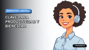 Ilustración plana corporativa de una trabajadora remota sonriente con blusa azul, sobre fondo degradado azul y blanco, concepto de higiene laboral y productividad.