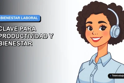 Ilustración plana corporativa de una trabajadora remota sonriente con blusa azul, sobre fondo degradado azul y blanco, concepto de higiene laboral y productividad.