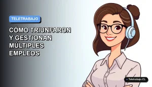 Ilustración vectorial plana de mujer chilena teletrabajando exitosa, estilo Corporate Memphis, fondo degradado azul.