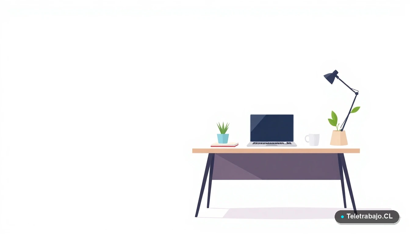 Escritorio moderno minimalista para teletrabajo con laptop, café y planta, ilustración vectorial plana, fondo degradado verde menta.