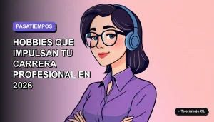 Ilustración plana corporativa de una mujer profesional de teletrabajo sonriente, con fondo degradado lavanda suave. Espacio negativo a la izquierda.