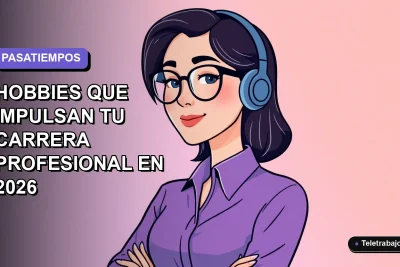 Ilustración plana corporativa de una mujer profesional de teletrabajo sonriente, con fondo degradado lavanda suave. Espacio negativo a la izquierda.