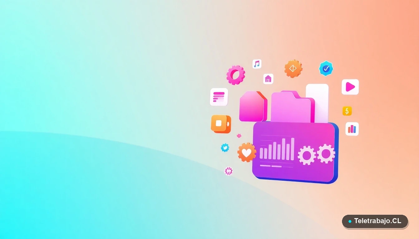 Composición abstracta de interfaz de usuario tecnológica con gráficos y iconos flotantes, estilo ilustración plana, sobre fondo degradado de menta a verde azulado.