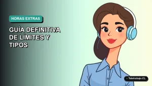 Ilustración plana corporativa de una mujer profesional de teletrabajo con blusa azul, sobre fondo degradado verde azulado. Representa la guía de límites de horas complementarias.
