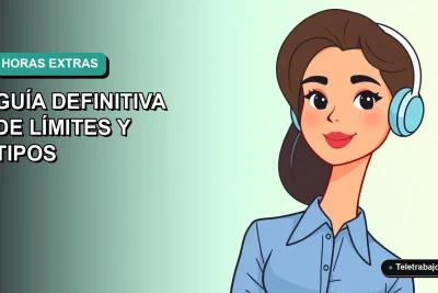 Ilustración plana corporativa de una mujer profesional de teletrabajo con blusa azul, sobre fondo degradado verde azulado. Representa la guía de límites de horas complementarias.