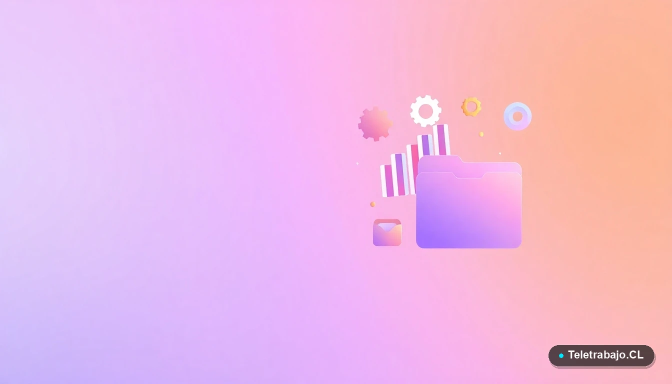 Composición abstracta de interfaz de usuario con gráficos flotantes, un engranaje y carpetas en tonos lavanda y durazno, sobre fondo degradado. Concepto visual para guía de tipos de horas complementarias.