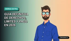 Ilustración vectorial plana de un trabajador masculino de oficina con camisa azul, sobre un fondo degradado verde azulado. Representa el concepto de horas extras en Chile.