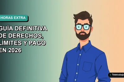 Ilustración vectorial plana de un trabajador masculino de oficina con camisa azul, sobre un fondo degradado verde azulado. Representa el concepto de horas extras en Chile.