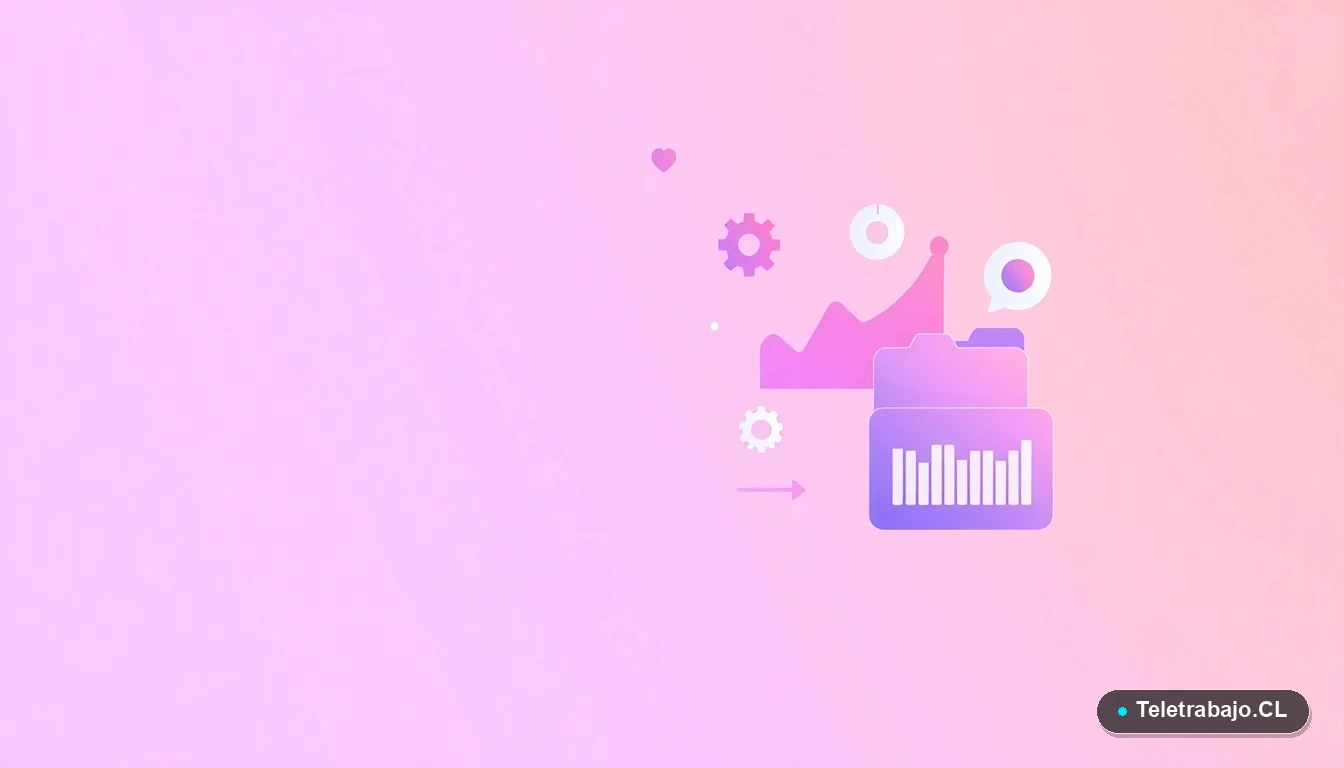 Composición abstracta de interfaz de usuario con gráficos flotantes y un icono de engranaje, sobre un fondo degradado lila. Concepto visual de datos y gestión laboral.