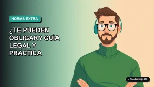 Ilustración vectorial plana de un trabajador masculino de oficina con suéter verde, sobre fondo degradado azul verdoso, representando la guía legal sobre horas extras en Chile.