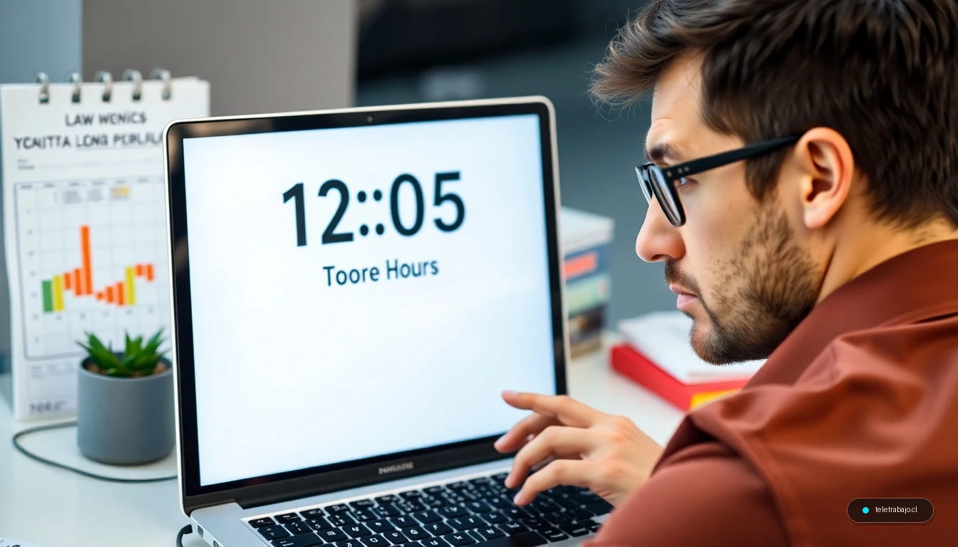 Trabajador revisando el registro de horas extras en su portátil con un libro de leyes laborales españolas.