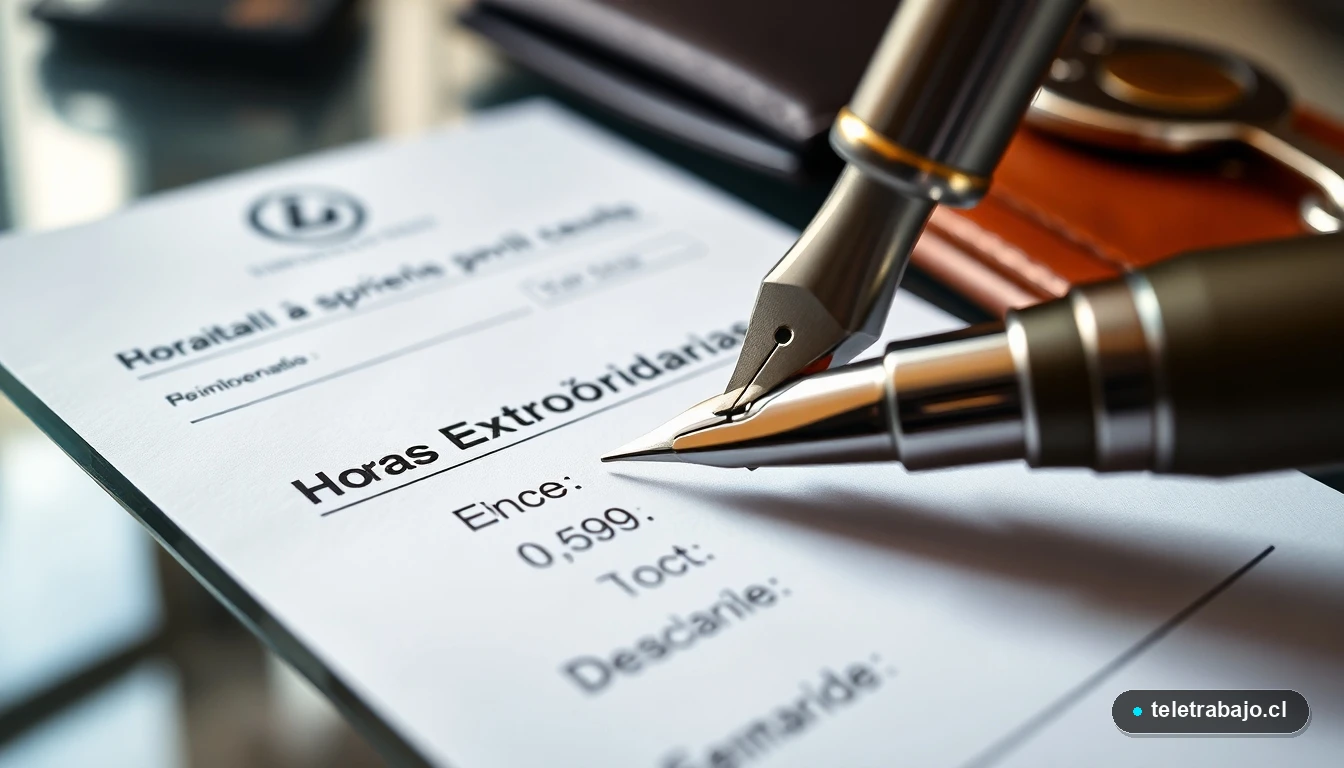 Detalle de una pluma estilográfica y una nómina en la línea de 'horas extra', representando el cálculo y el pago del trabajo adicional.
