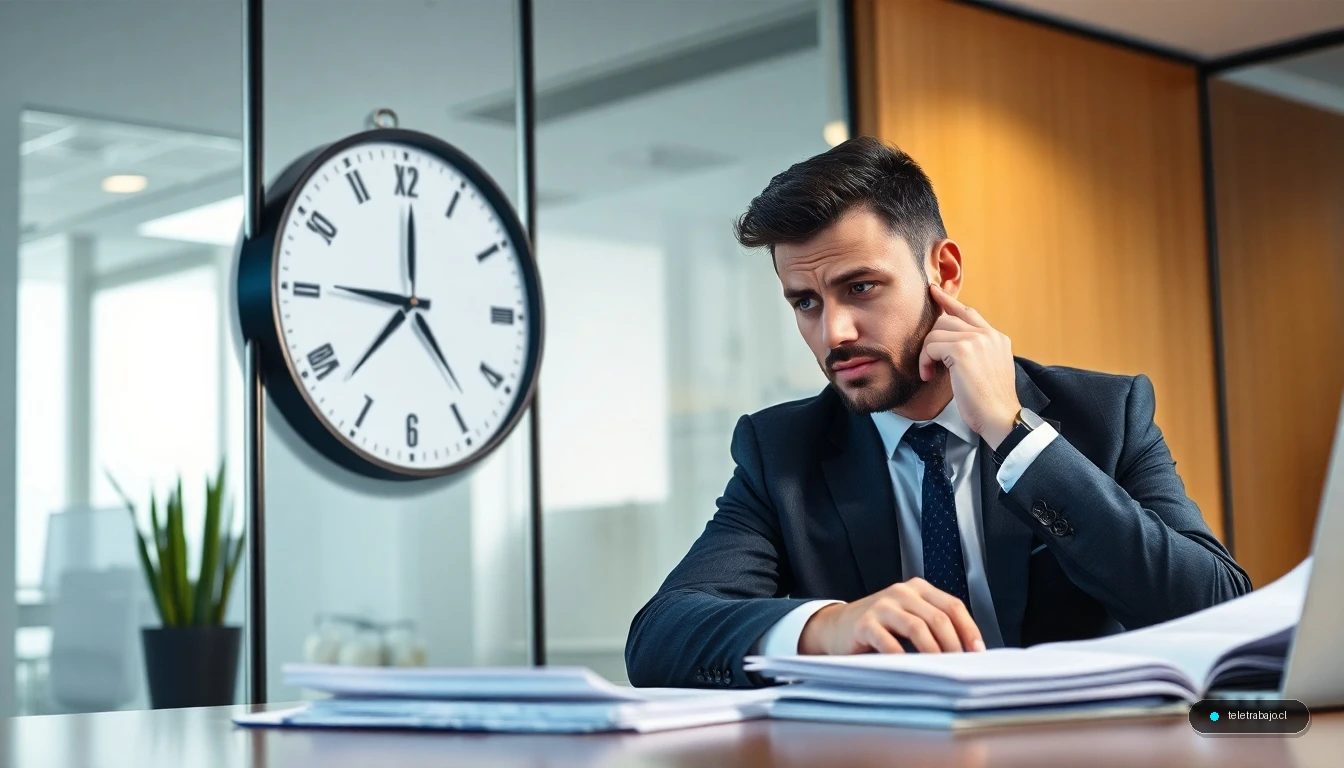 empleado revisando reloj y documentos legales sobre horas extras