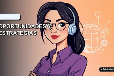 Ilustración vectorial plana de una mujer profesional trabajando de forma remota, con elementos abstractos de tecnología e inteligencia artificial al fondo, sobre un fondo degradado azul claro.