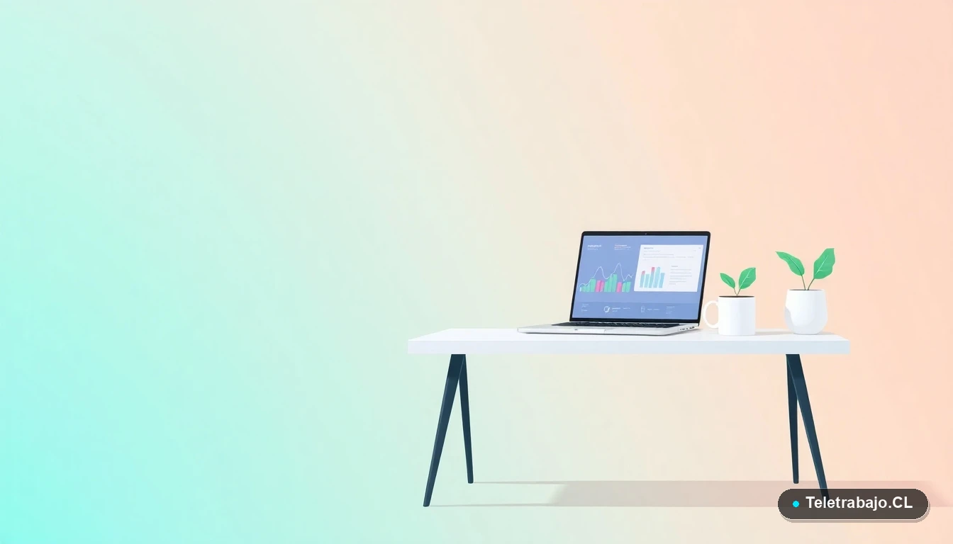 Escritorio moderno minimalista para teletrabajo con laptop, planta y taza de café, ilustración vectorial plana sobre fondo degradado en tonos verdes y azules.