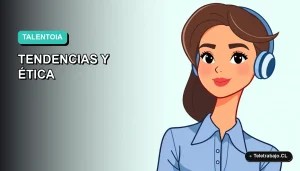 Ilustración plana de mujer profesional de tecnología con blusa azul, sobre fondo degradado verde menta. Representa la ética de la IA en reclutamiento laboral.