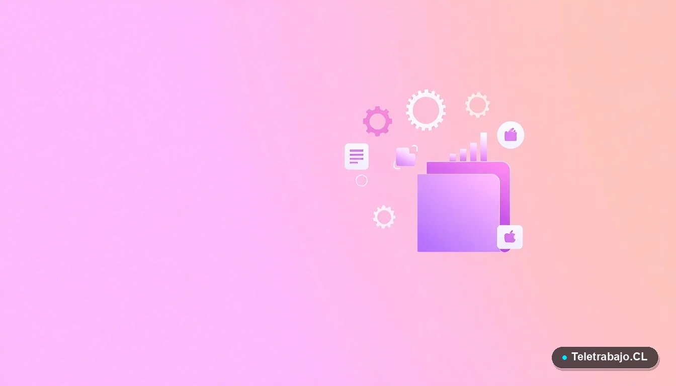 Composición abstracta de interfaz de usuario con gráficos y engranajes flotantes en tonos lavanda y durazno, sobre fondo degradado. Representa tecnología de análisis de datos para reclutamiento.