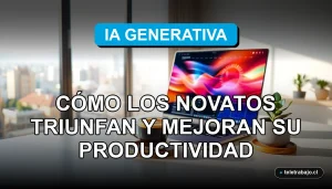 Fotografía profesional de oficina moderna en Chile mostrando productividad con inteligencia artificial generativa, sin personas visibles.