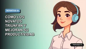 Ilustración vectorial plana de una mujer profesional chilena trabajando remotamente con IA generativa, fondo degradado azul.