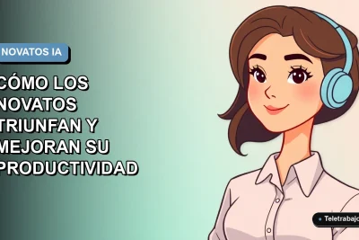 Ilustración vectorial plana de una mujer profesional chilena trabajando remotamente con IA generativa, fondo degradado azul.