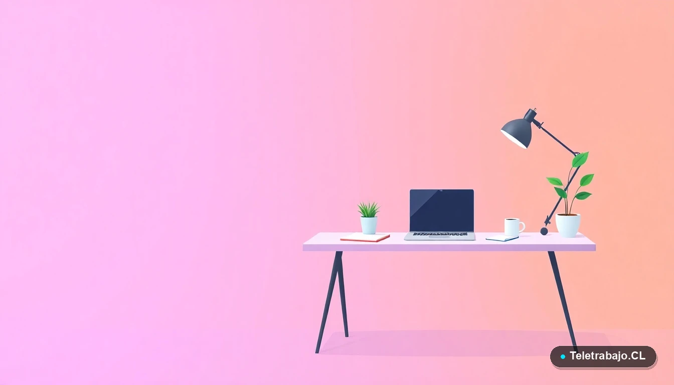 Escritorio moderno minimalista con laptop, cuaderno y planta, representando productividad con IA, fondo degradado lila y durazno.