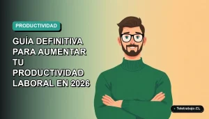 Ilustración plana vectorial de un trabajador chileno moderno usando inteligencia artificial generativa para aumentar su productividad laboral en oficina remota.