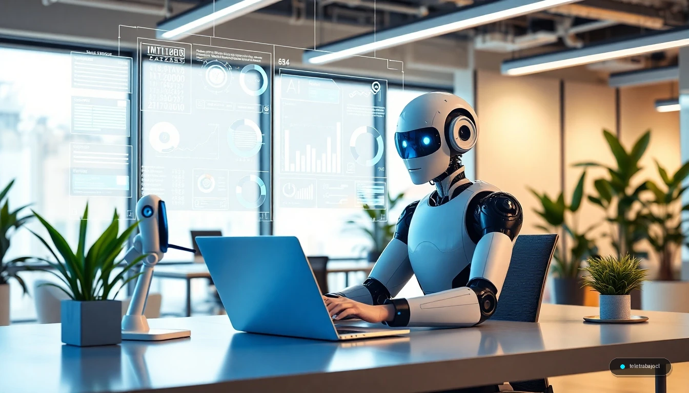 Colaboración entre humanos e inteligencia artificial en una oficina moderna del futuro