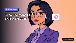 Ilustración vectorial plana de una mujer profesional con blusa lila trabajando de forma remota junto a una interfaz de IA flotante, sobre un fondo degradado lavanda suave.