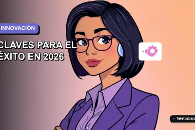 Ilustración vectorial plana de una mujer profesional con blusa lila trabajando de forma remota junto a una interfaz de IA flotante, sobre un fondo degradado lavanda suave.