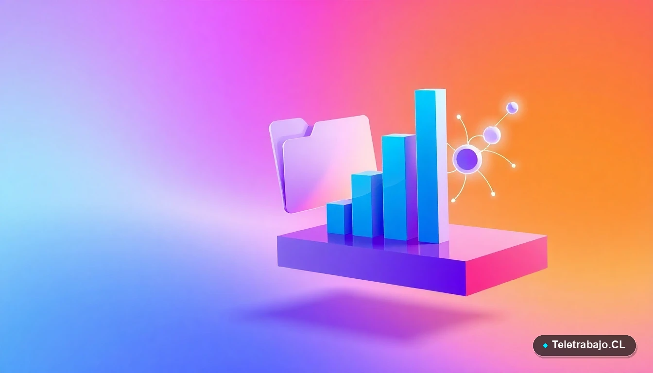 Interfaz de usuario abstracta con iconos flotantes de gráficos, carpetas y redes, representando tecnología de IA, sobre un fondo degradado menta y gris.