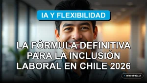 Un ejecutivo latino sonriendo con confianza en una oficina moderna, representando el futuro del trabajo inclusivo con inteligencia artificial en Chile.