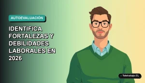 Ilustración plana de trabajador masculino de tecnología evaluando sus capacidades profesionales en fondo degradado verde azulado.
