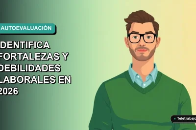 Ilustración plana de trabajador masculino de tecnología evaluando sus capacidades profesionales en fondo degradado verde azulado.