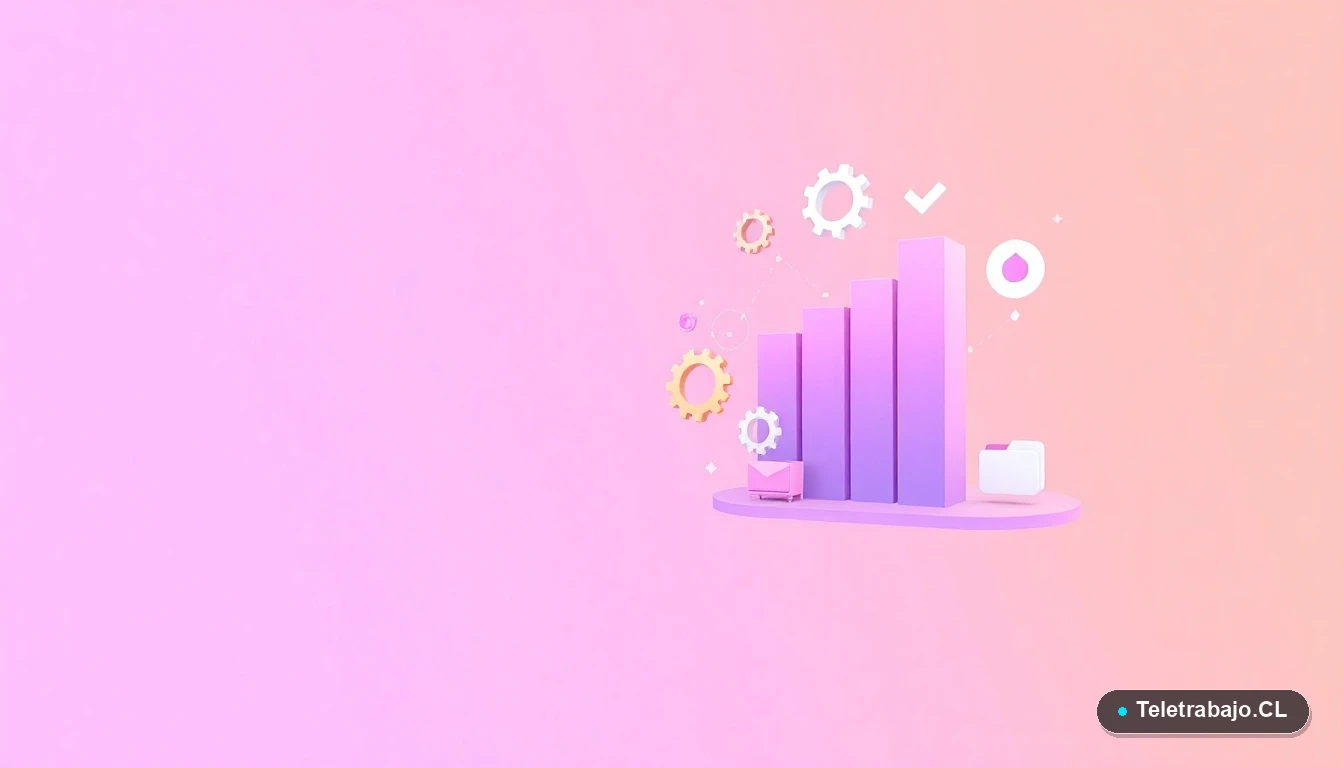 Elementos de interfaz de usuario abstractos con gráficos y engranajes flotantes, representando análisis de datos y productividad.