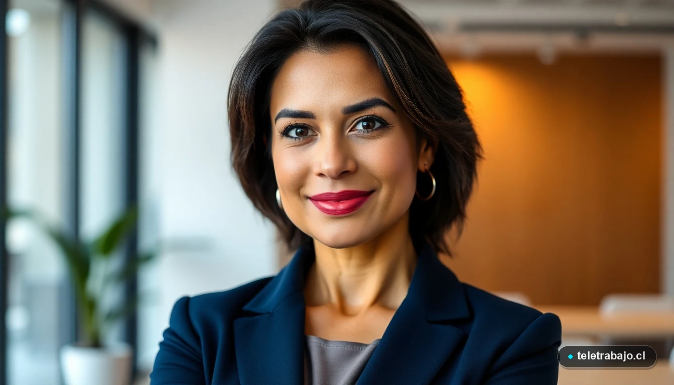 Retrato profesional cercano de una ejecutiva hispana con expresión segura y pensativa, en una oficina moderna desenfocada, representando la confianza y autoevaluación necesarias para el futuro laboral.