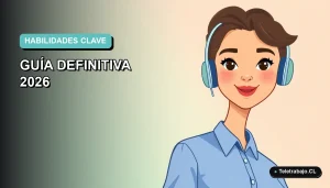 Ilustración plana corporativa de una mujer profesional de teletrabajo con blusa azul, sobre fondo degradado suave azul y verde menta.
