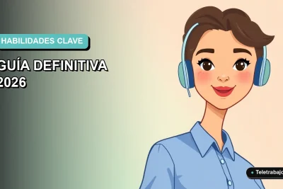 Ilustración plana corporativa de una mujer profesional de teletrabajo con blusa azul, sobre fondo degradado suave azul y verde menta.