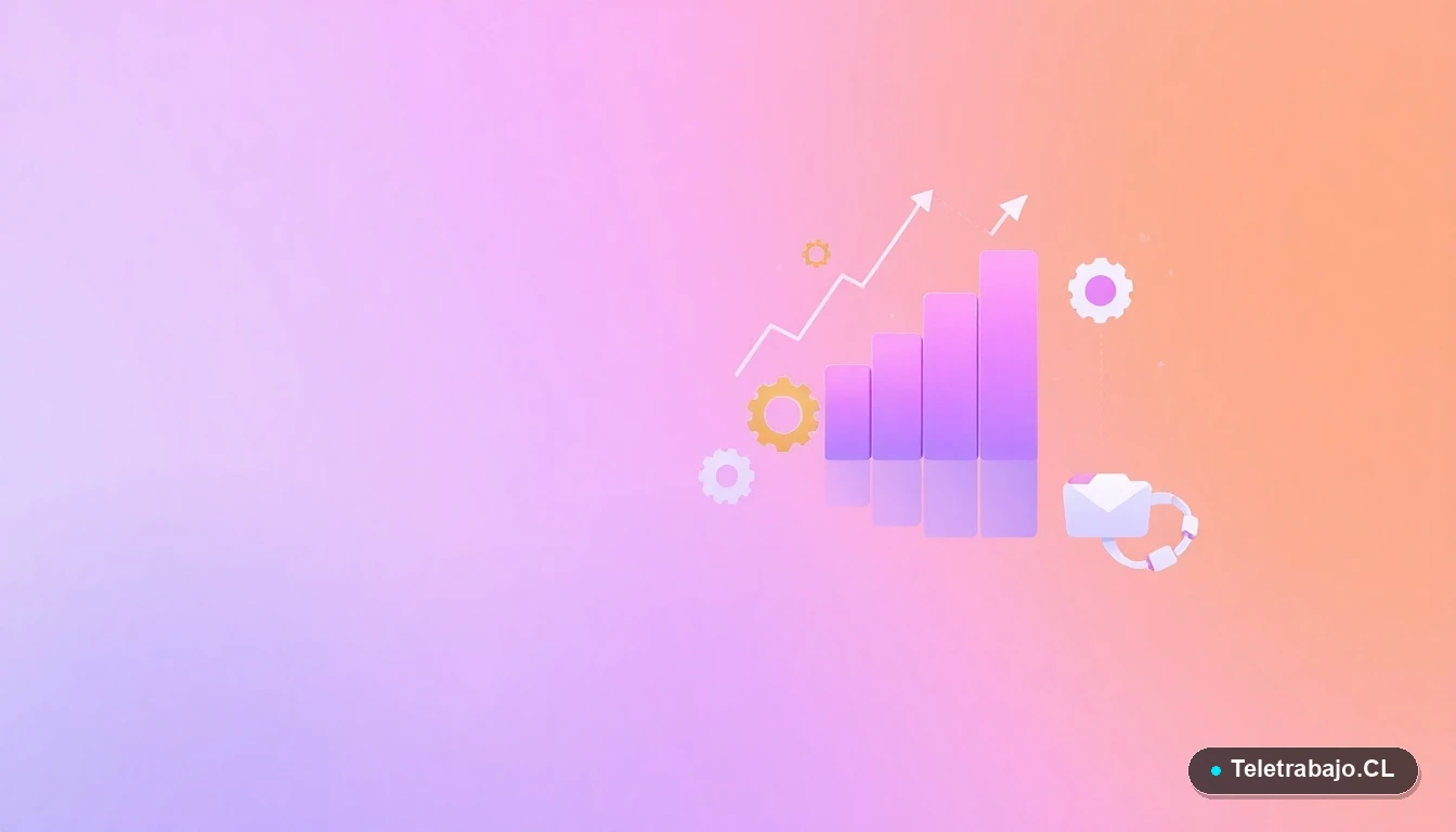 Composición abstracta de interfaz de usuario tecnológica con gráficos flotantes y engranajes estilizados, en estilo de ilustración vectorial plana sobre fondo degradado.