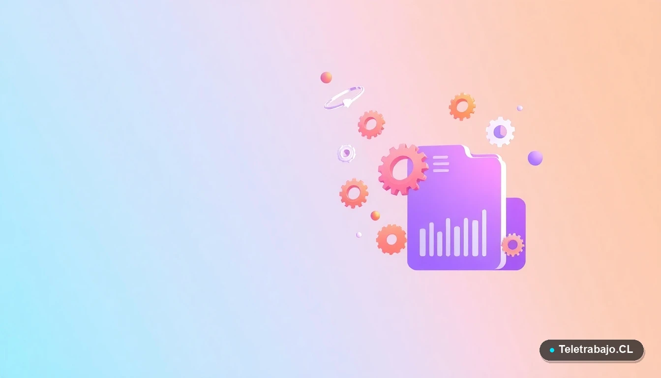 Composición abstracta de interfaz de usuario tecnológica con gráficos flotantes y iconos de engranajes y carpetas en tonos lavanda y melocotón, sobre un fondo degradado de menta, estilo ilustración vectorial plana moderna.