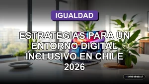 Fotografía de un elegante escritorio de home office moderno en Chile, con laptop abierta mostrando gráficos abstractos, taza de café y plantas, representando el teletrabajo inclusivo en 2026.
