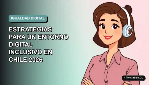 Ilustración vectorial plana de una mujer profesional chilena trabajando remotamente en un entorno digital moderno, con fondo de gradiente suave.