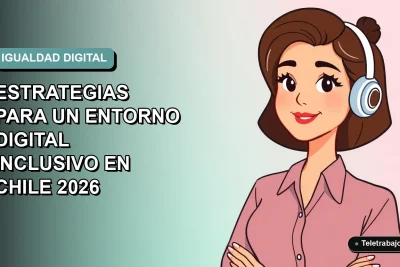 Ilustración vectorial plana de una mujer profesional chilena trabajando remotamente en un entorno digital moderno, con fondo de gradiente suave.