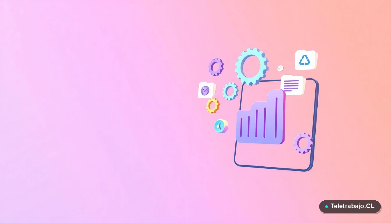 Composición abstracta de interfaz de usuario con gráficos flotantes y iconos de tecnología, representando un entorno de trabajo digital.