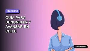 Ilustración plana corporativa de una mujer profesional chilena con blusa azul y corte bob, sobre fondo degradado lavanda, representando igualdad de género en el trabajo remoto.