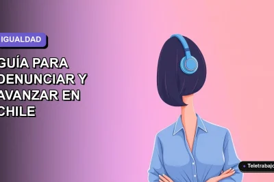 Ilustración plana corporativa de una mujer profesional chilena con blusa azul y corte bob, sobre fondo degradado lavanda, representando igualdad de género en el trabajo remoto.
