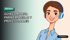 Ilustración vectorial plana de una profesional chilena sonriente con blusa azul, sobre fondo degradado verde azulado. Concepto de equidad salarial.