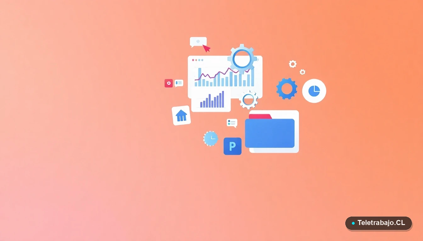 Composición abstracta de interfaz de usuario con gráficos y engranajes flotantes, en estilo vectorial plano sobre fondo degradado melocotón, simbolizando estrategias corporativas.