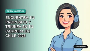 Ilustración vectorial plana de una mujer profesional chilena sonriente, con blusa azul y corte bob, representando el concepto de ikigai y propósito en el trabajo. Fondo con gradiente suave de azul verdoso.